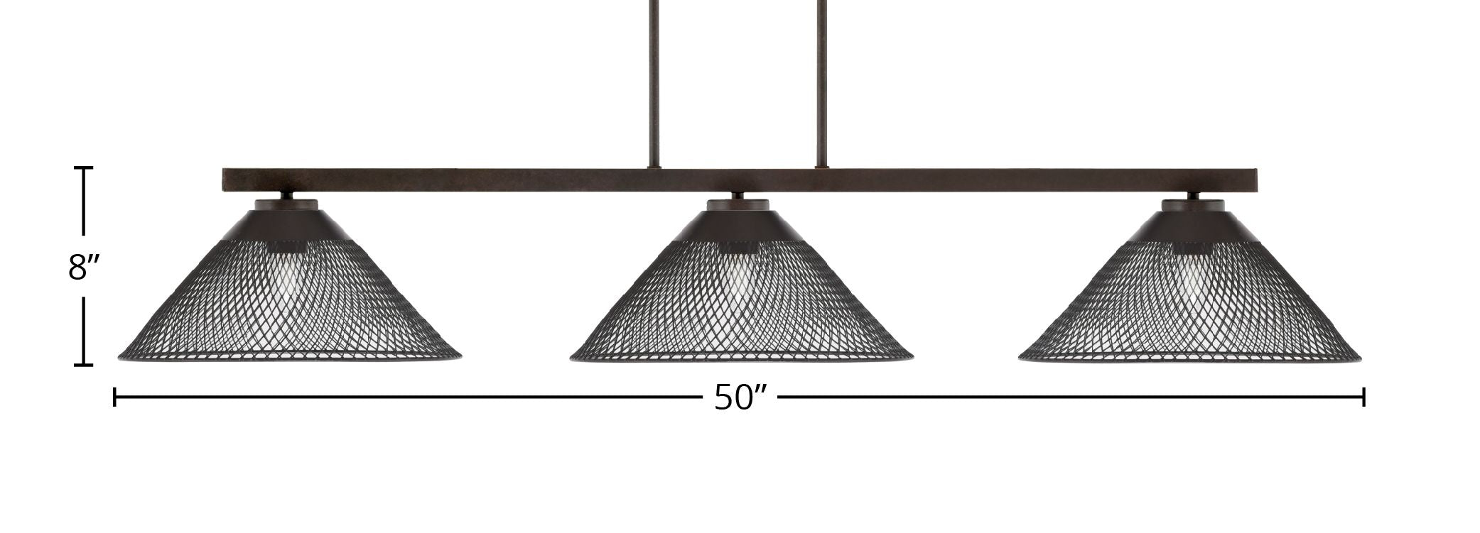 Atlas Three Light Bar in Dark Granite with 14" Dark Granite Cone Mesh Metal Shades Shade