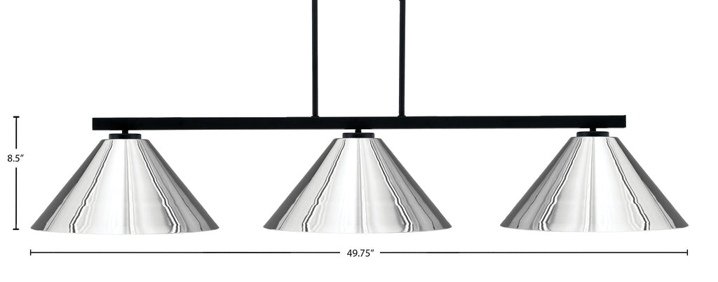 Atlas Three Light Island Pendant in Matte Black with 14" Chrome Cone Metal Shade Shade
