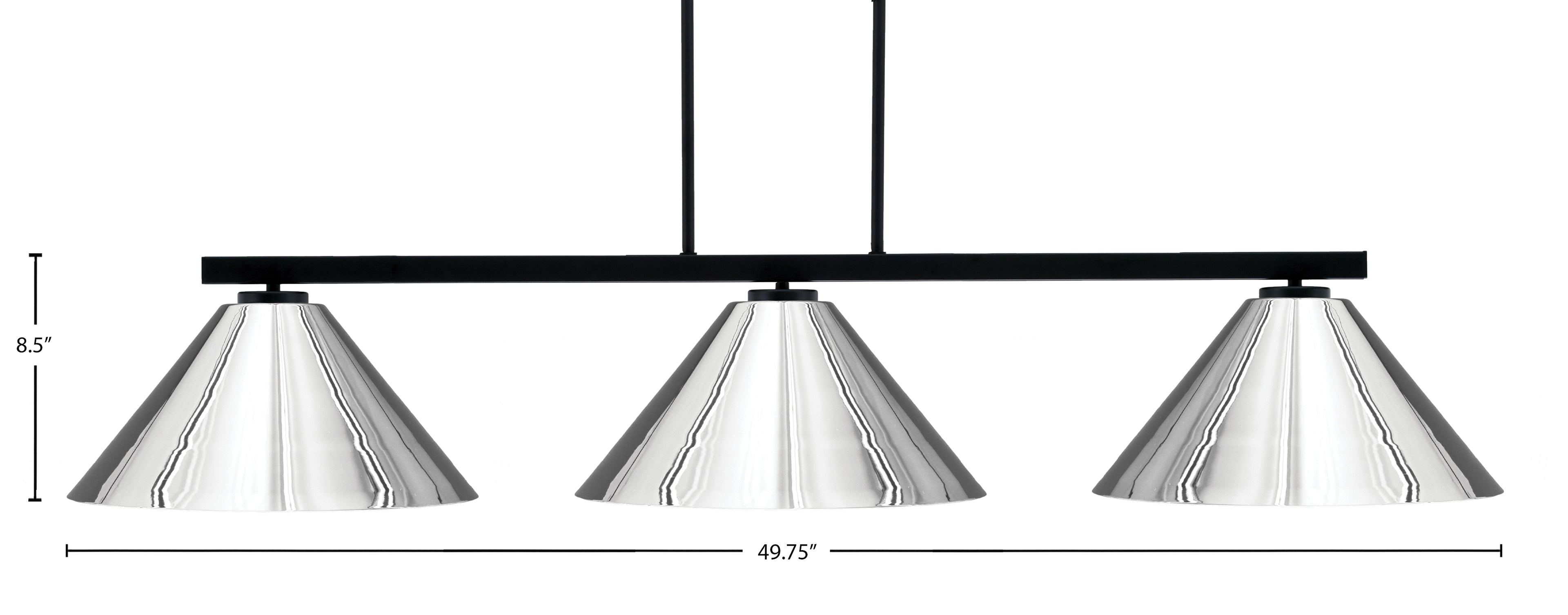 Atlas Three Light Island Pendant in Matte Black with 14" Chrome Cone Metal Shade Shade