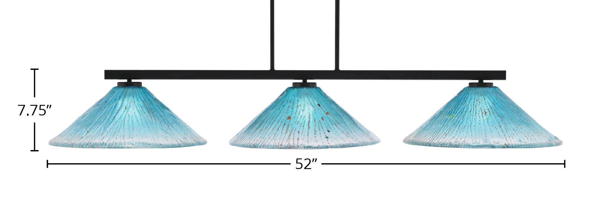 Atlas Three Light Bar in Matte Black with 16" Teal Crystal Shade
