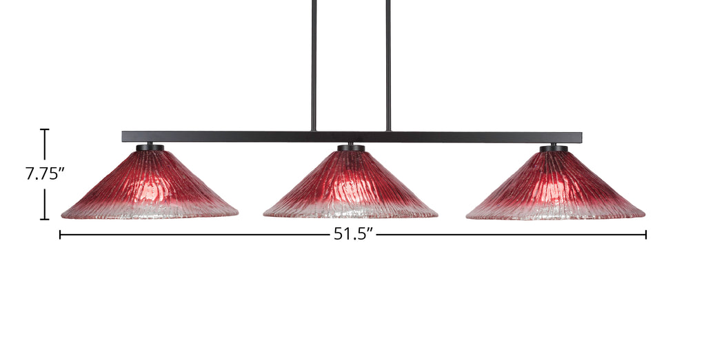 Atlas Three Light Island Pendant in Matte Black with 16" Raspberry Crystal Shade