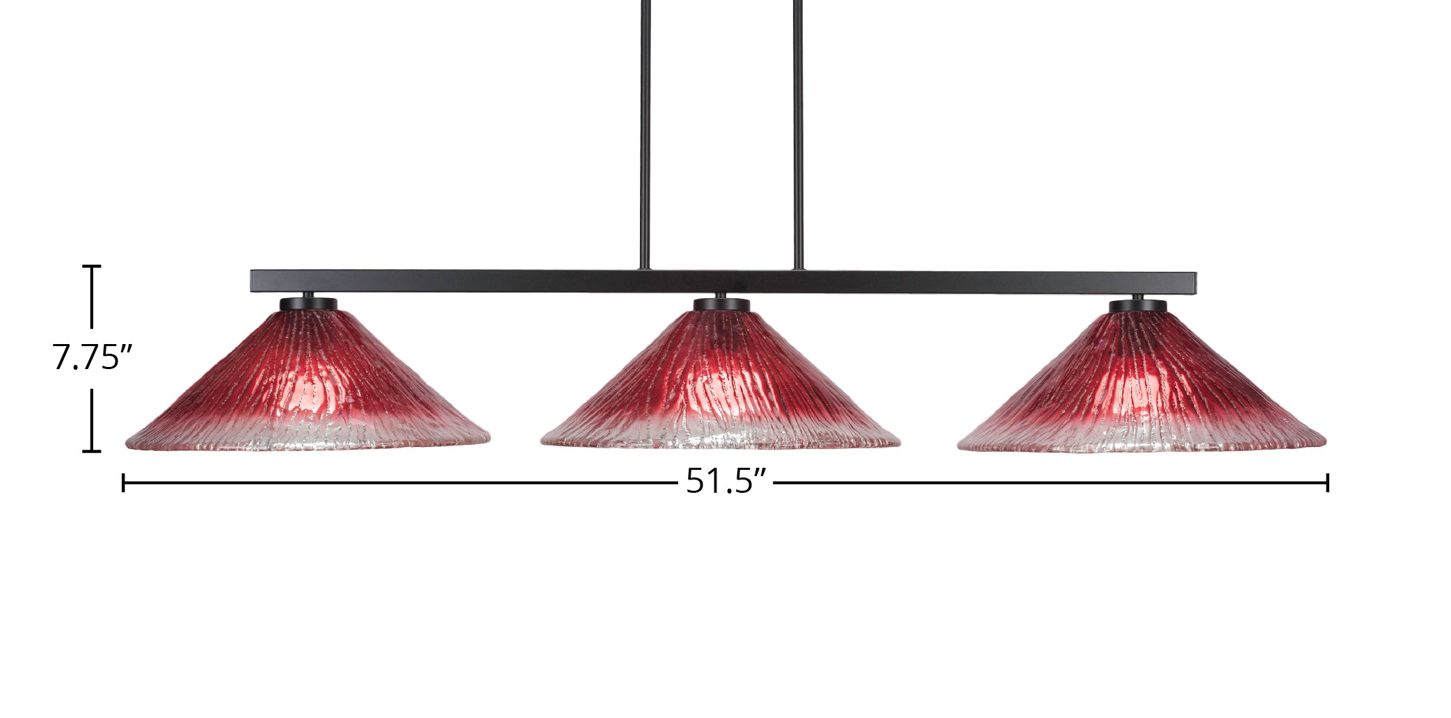 Atlas Three Light Island Pendant in Matte Black with 16" Raspberry Crystal Shade