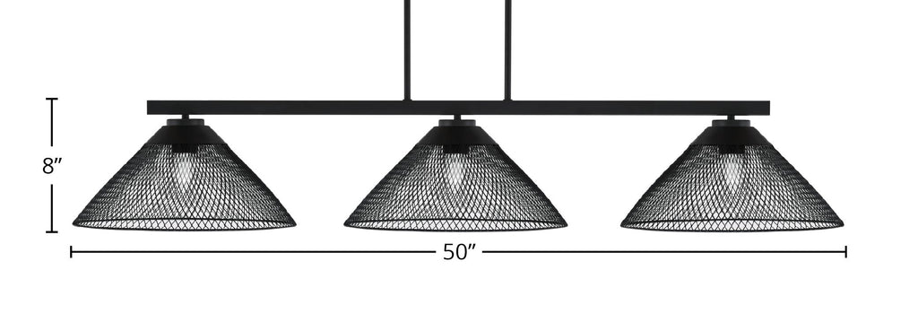 Atlas Three Light Bar in Matte Black with 14" Matte Black Cone Mesh Metal Shades Shade