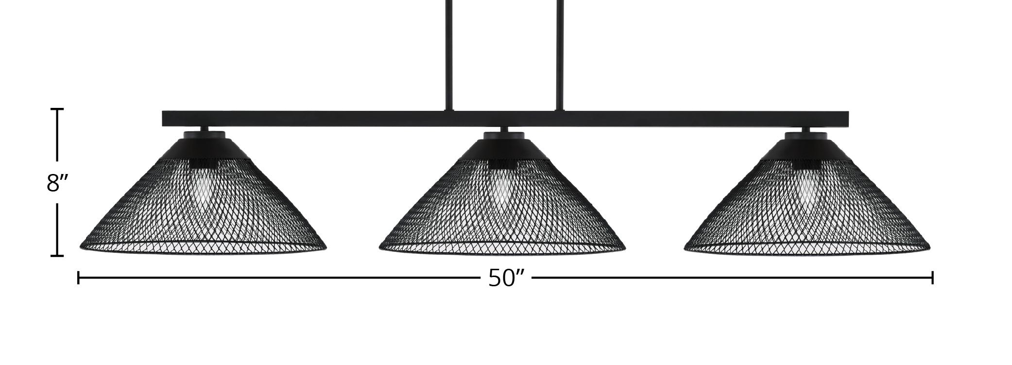 Atlas Three Light Bar in Matte Black with 14" Matte Black Cone Mesh Metal Shades Shade