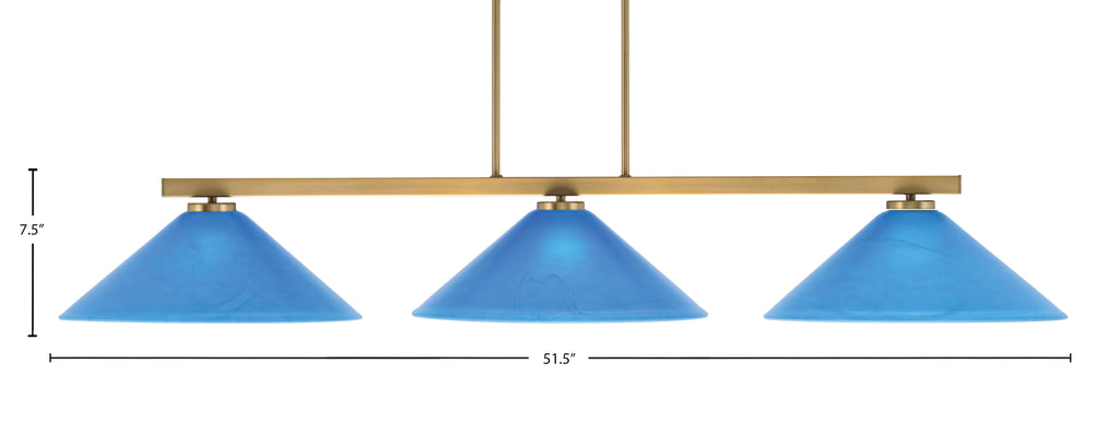 Atlas Three Light Bar in New Age Brass with 16" Blue Italian Shade