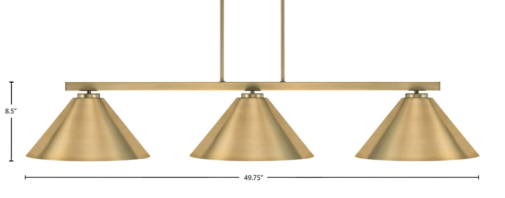 Atlas Three Light Island Pendant in New Age Brass with 14" New Age Brass Cone Metal Shade Shade