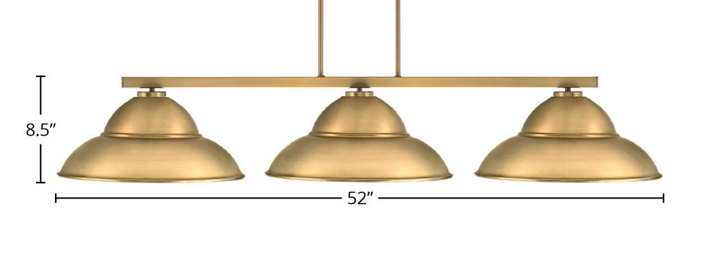 Atlas Three Light Bar in New Age Brass with 16" New Age Brass Double Bubble Metal Shades Shade