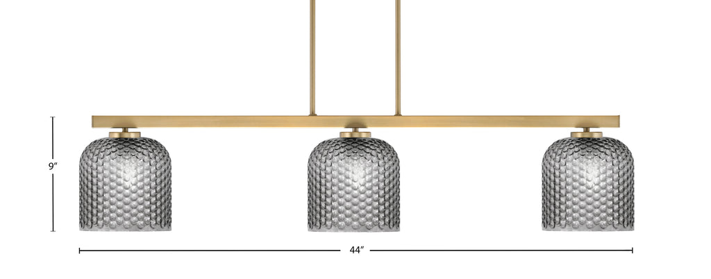 Atlas Three Light Bar in New Age Brass with 7" Smoke Textured Glass Shade