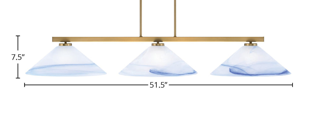 Atlas Three Light Bar in New Age Brass with 16" Blue Swirl Shade