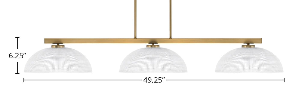 Atlas Three Light Bar in New Age Brass with 13" Clear Ribbed Shade