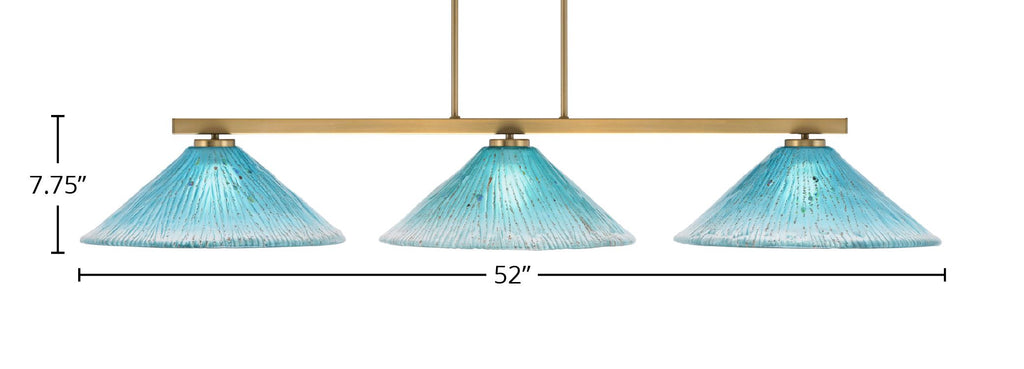 Atlas Three Light Bar in New Age Brass with 16" Teal Crystal Shade