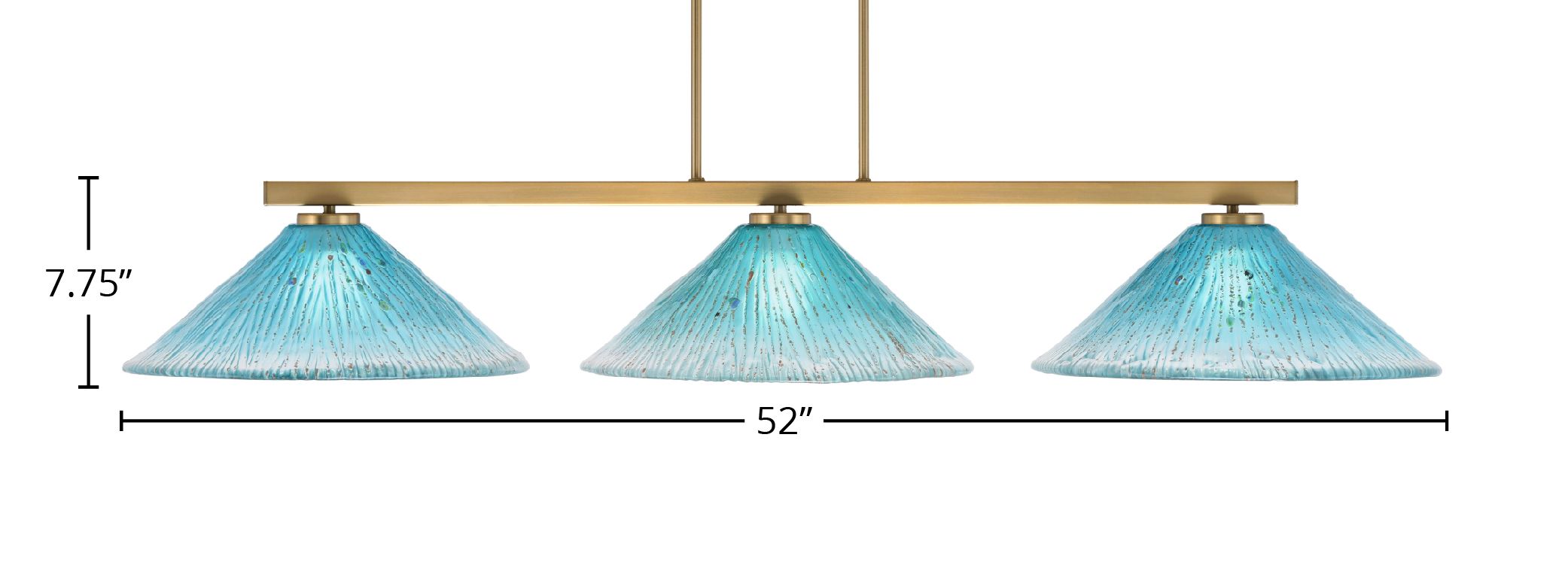 Atlas Three Light Bar in New Age Brass with 16" Teal Crystal Shade