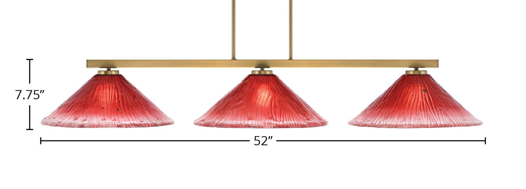 Atlas Three Light Bar in New Age Brass with 16" Raspberry Crystal Shade
