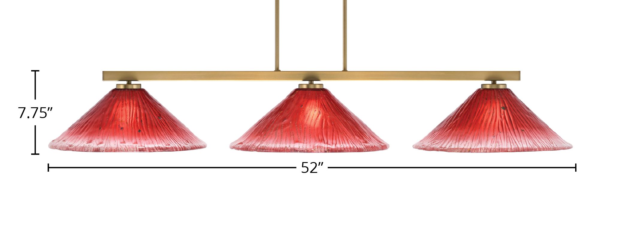 Atlas Three Light Bar in New Age Brass with 16" Raspberry Crystal Shade
