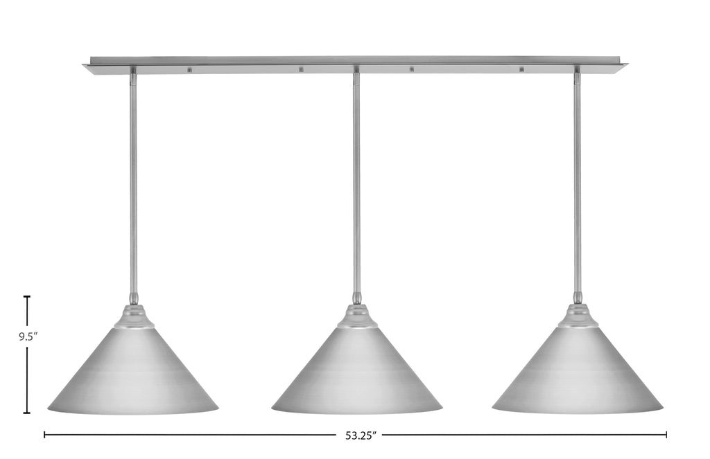 Stem Three Light Linear Pendalier in Brushed Nickel with Brushed Nickel Cone Metal Shades Shade