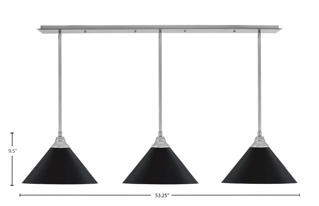 Stem Three Light Linear Pendalier in Brushed Nickel with Matte Black Cone Metal Shades Shade