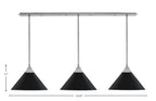 Stem Three Light Linear Pendalier in Brushed Nickel with Matte Black Cone Metal Shades Shade