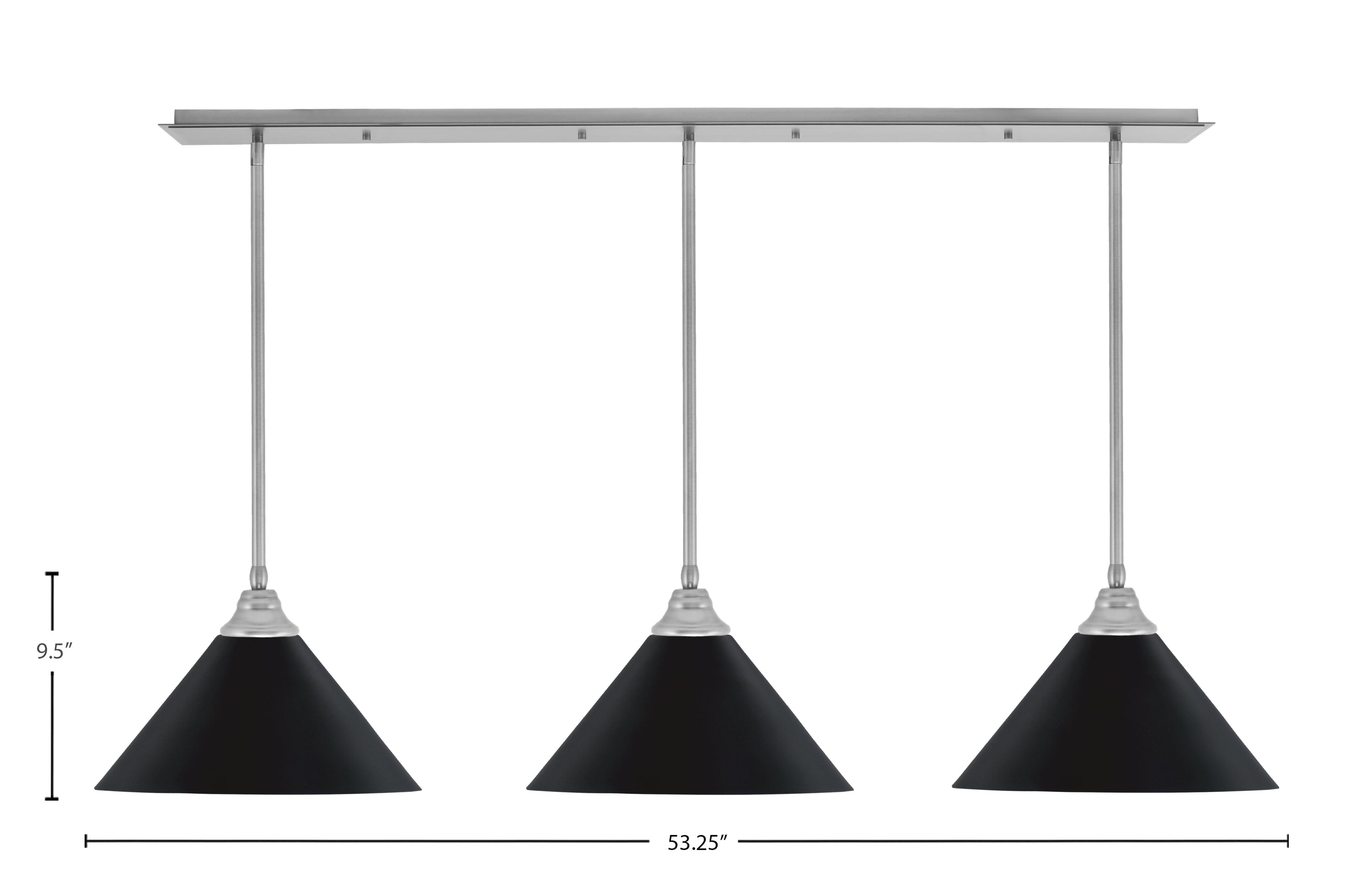 Stem Three Light Linear Pendalier in Brushed Nickel with Matte Black Cone Metal Shades Shade