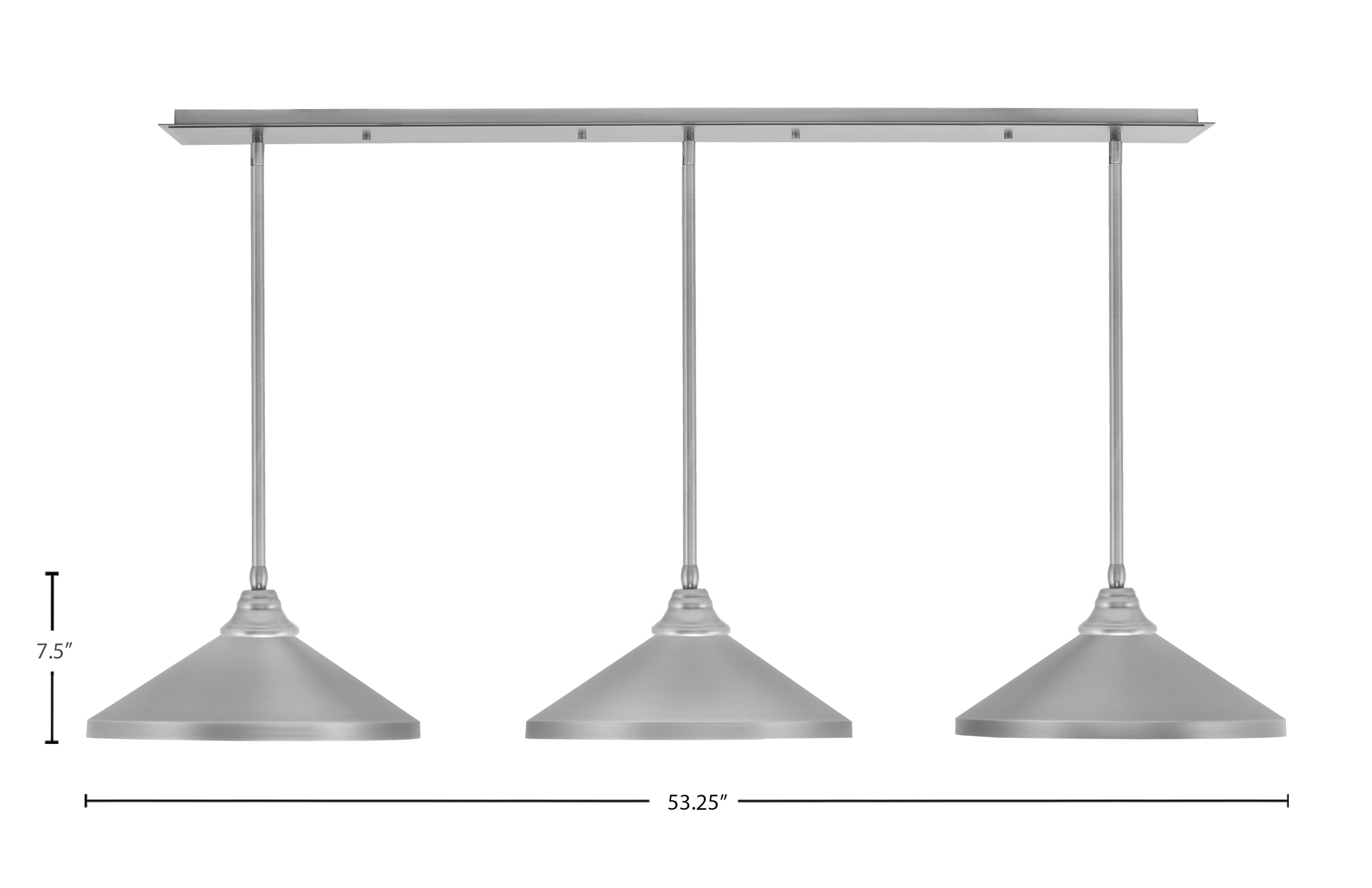 Stem Three Light Linear Pendalier in Brushed Nickel with Brushed Nickel Cone Metal Shades Shade