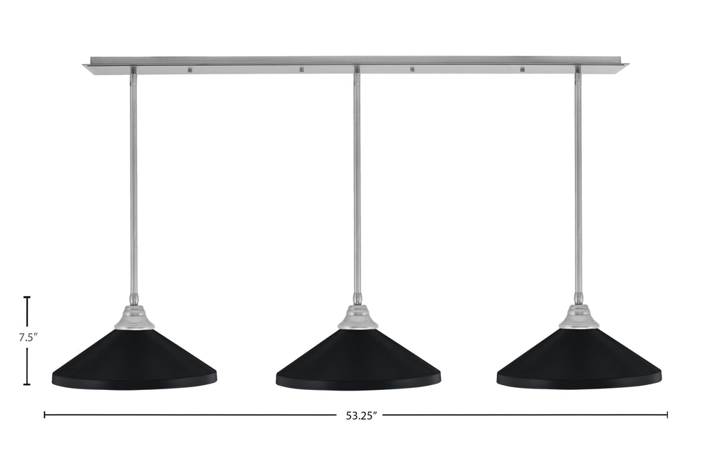 Stem Three Light Linear Pendalier in Brushed Nickel with Matte Black Cone Metal Shades Shade