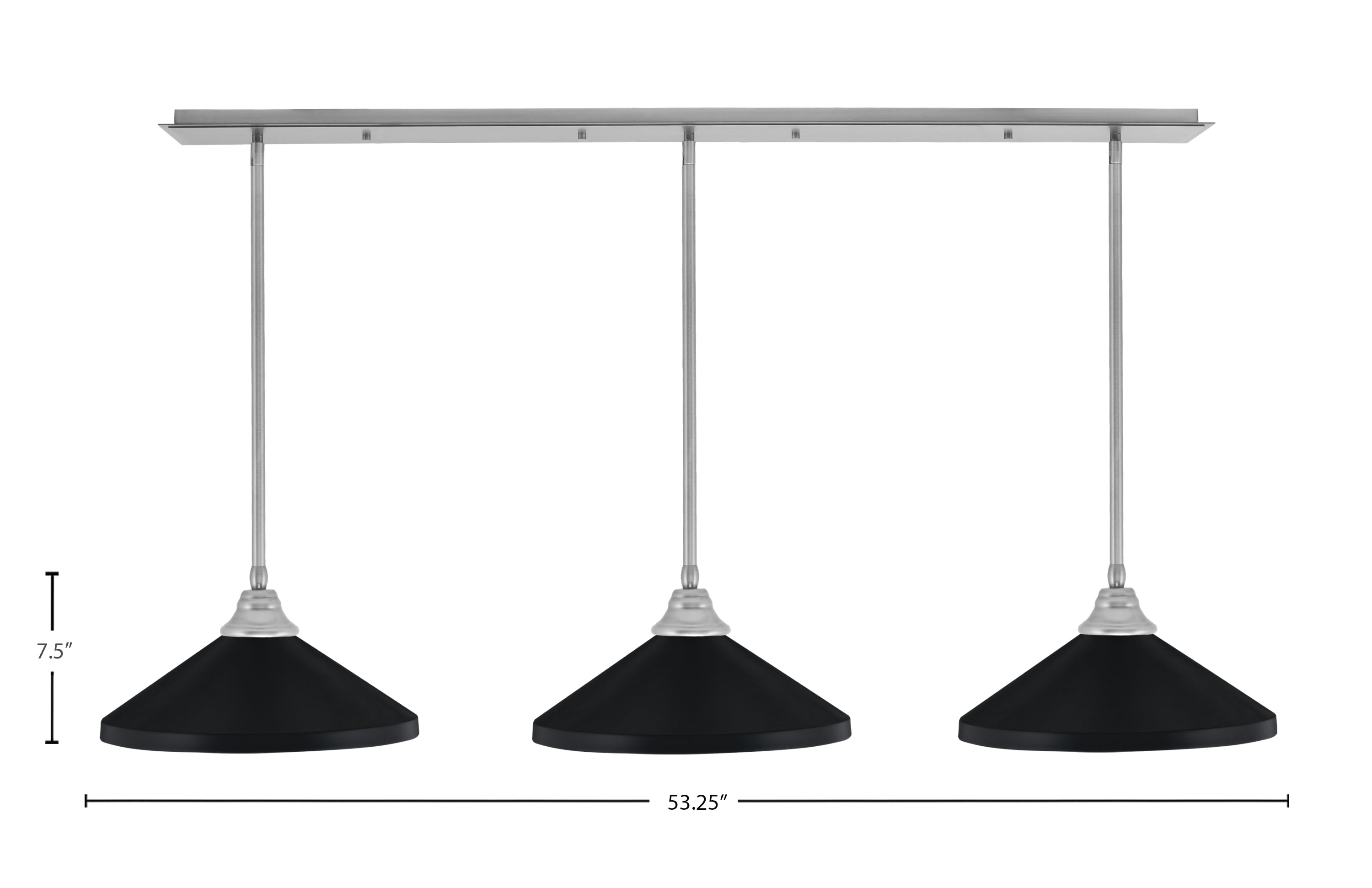 Stem Three Light Linear Pendalier in Brushed Nickel with Matte Black Cone Metal Shades Shade