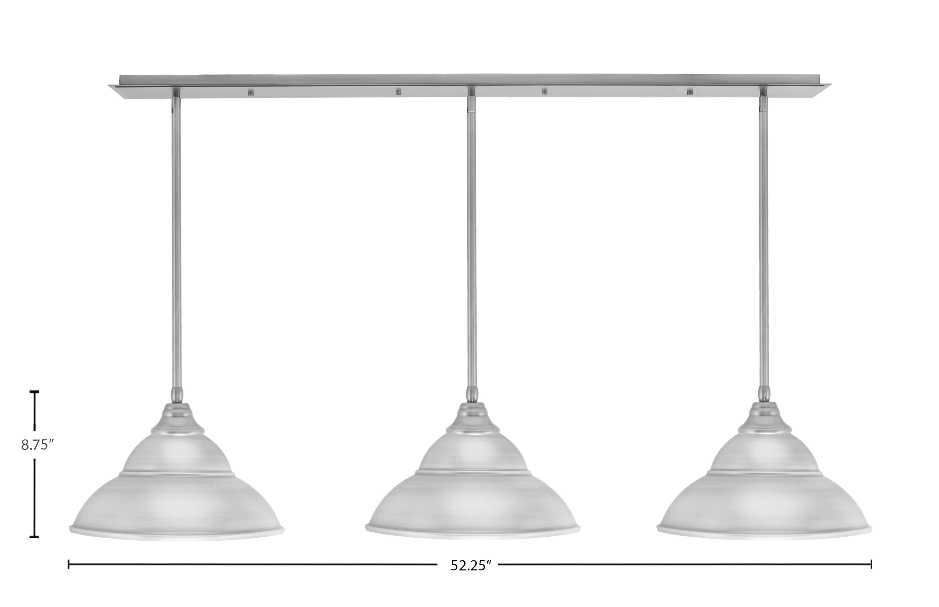 Stem Three Light Linear Pendalier in Brushed Nickel with Brushed Nickel Double Bubble Metal Shades Shade