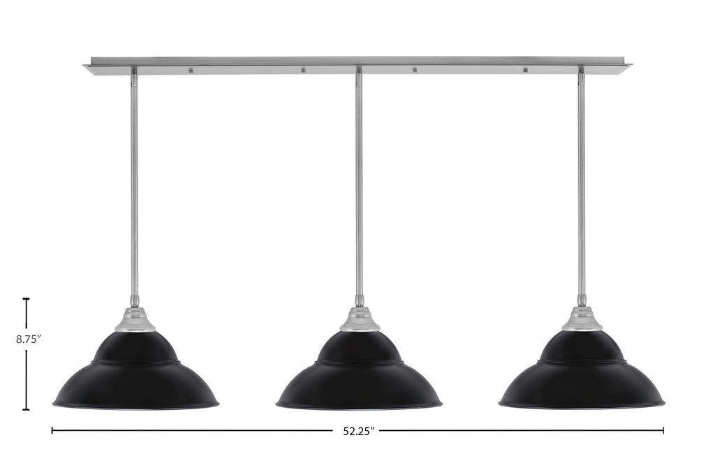 Stem Three Light Linear Pendalier in Brushed Nickel with Matte Black Double Bubble Metal Shades Shade