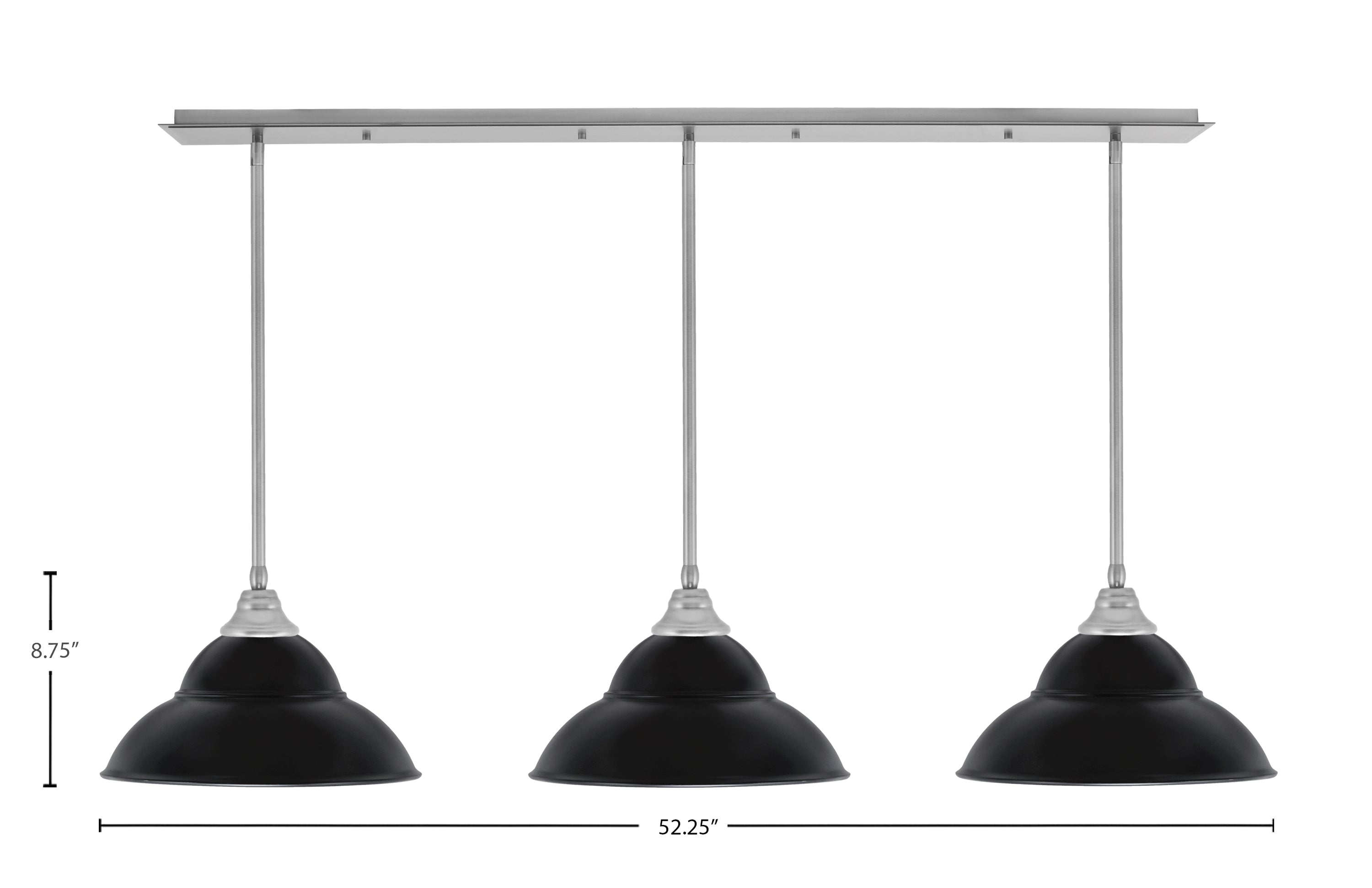 Stem Three Light Linear Pendalier in Brushed Nickel with Matte Black Double Bubble Metal Shades Shade