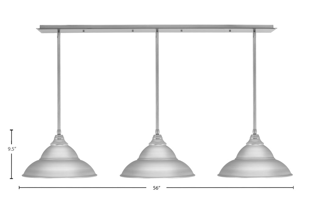 Stem Three Light Linear Pendalier in Brushed Nickel with Brushed Nickel Double Bubble Metal Shades Shade