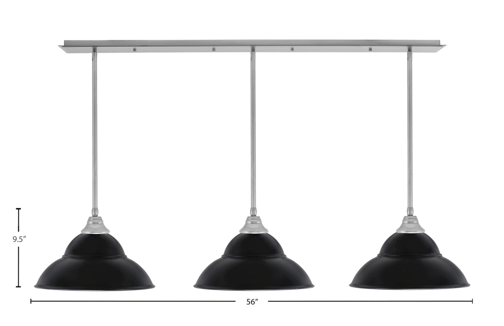 Stem Three Light Linear Pendalier in Brushed Nickel with Matte Black Double Bubble Metal Shades Shade