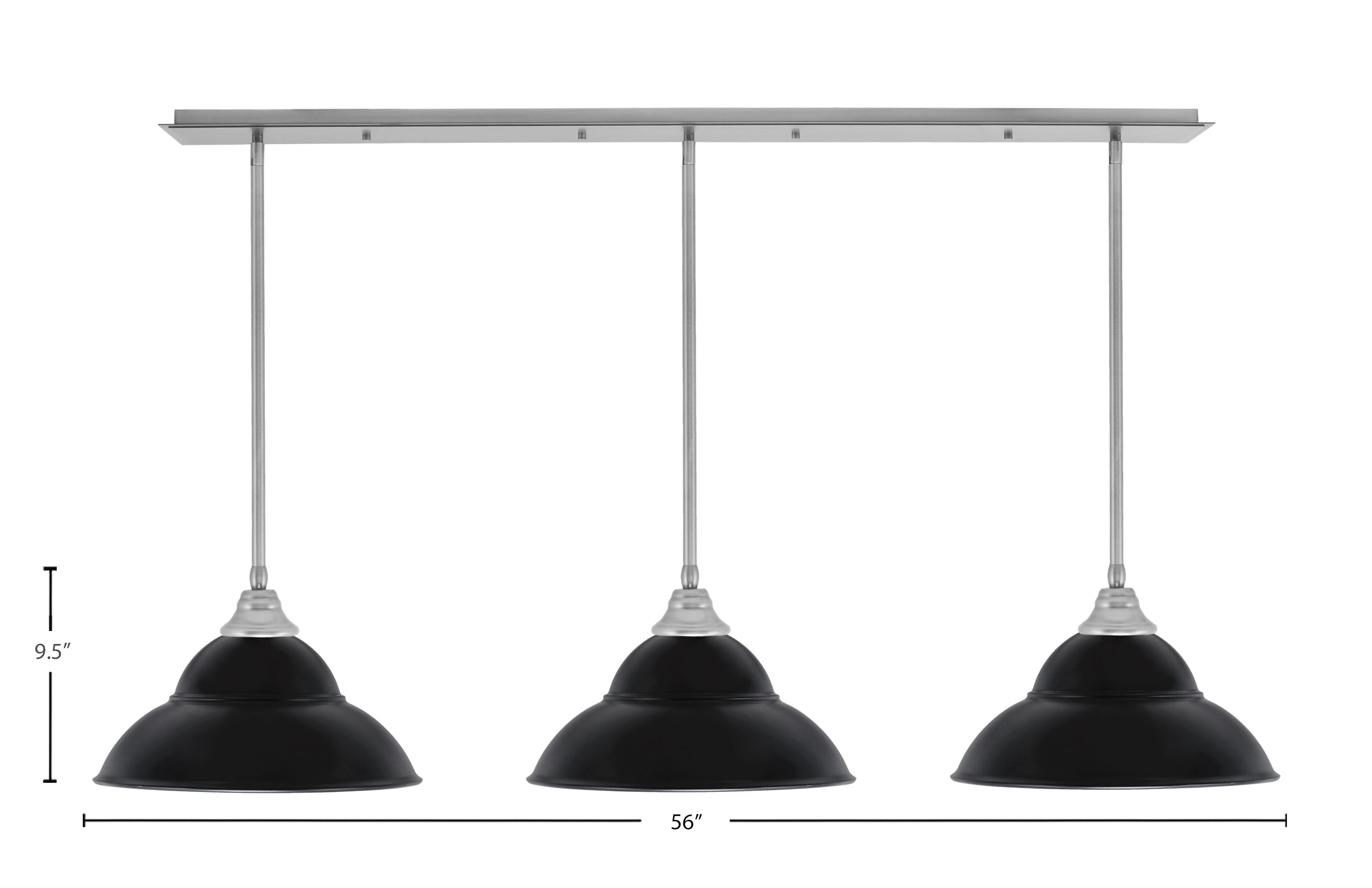 Stem Three Light Linear Pendalier in Brushed Nickel with Matte Black Double Bubble Metal Shades Shade
