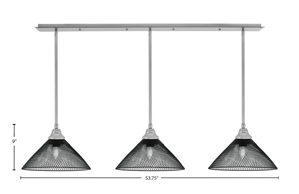 Stem Three Light Linear Pendalier in Brushed Nickel with Matte Black Cone Mesh Metal Shades Shade