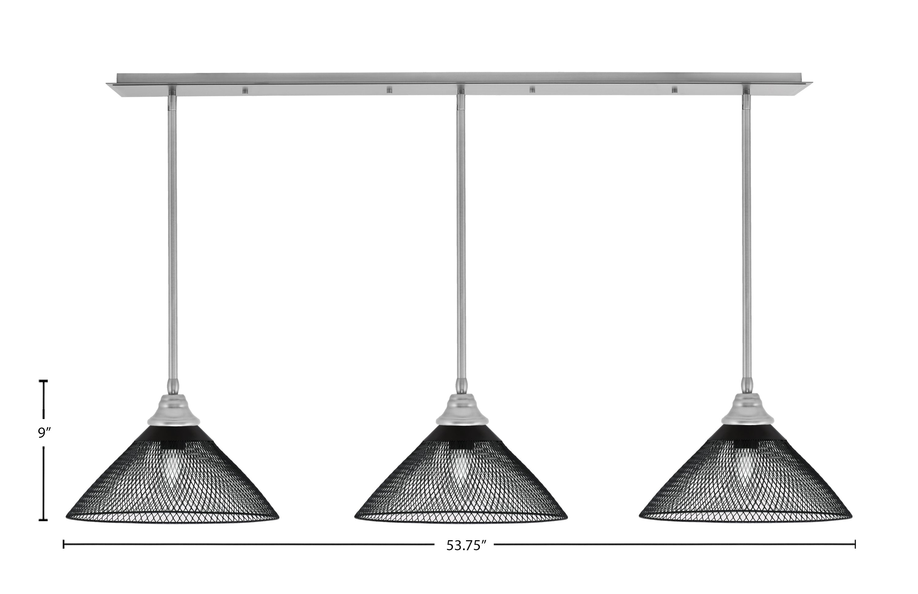 Stem Three Light Linear Pendalier in Brushed Nickel with Matte Black Cone Mesh Metal Shades Shade
