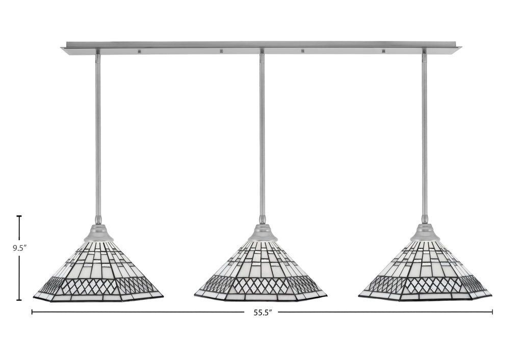 Any Three Light Linear Pendalier in Brushed Nickel with 16" Pewter Art Glass Shade