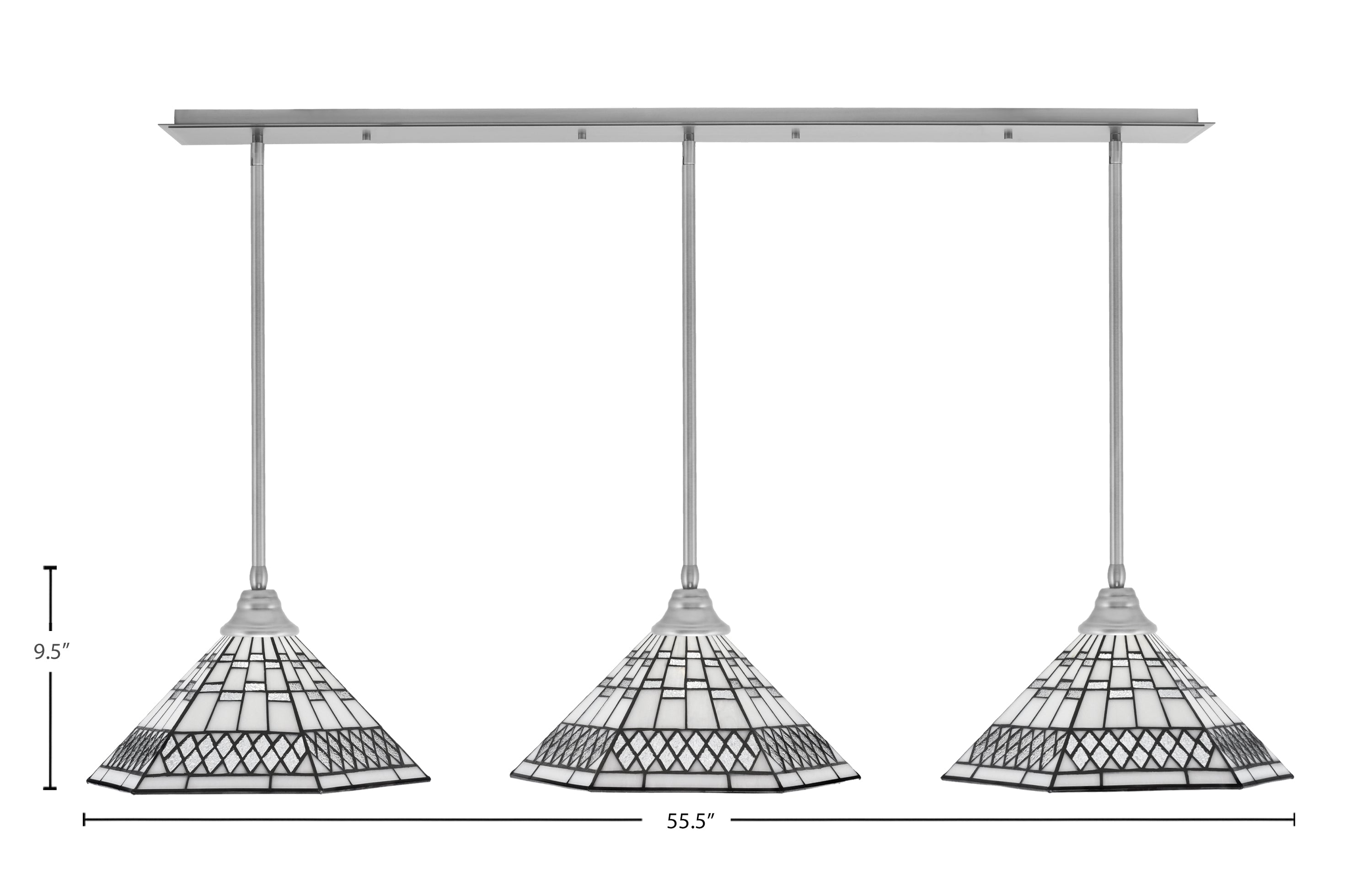 Any Three Light Linear Pendalier in Brushed Nickel with 16" Pewter Art Glass Shade