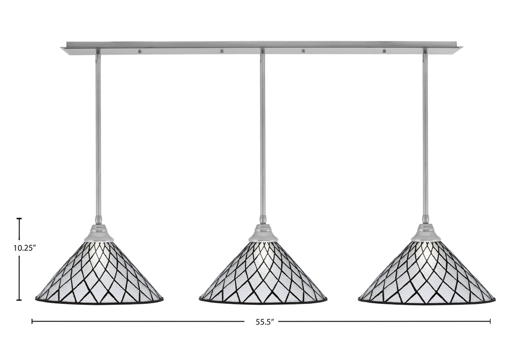 Stem Three Light Linear Pendalier in Brushed Nickel with Diamond Ice Art Glass Shade