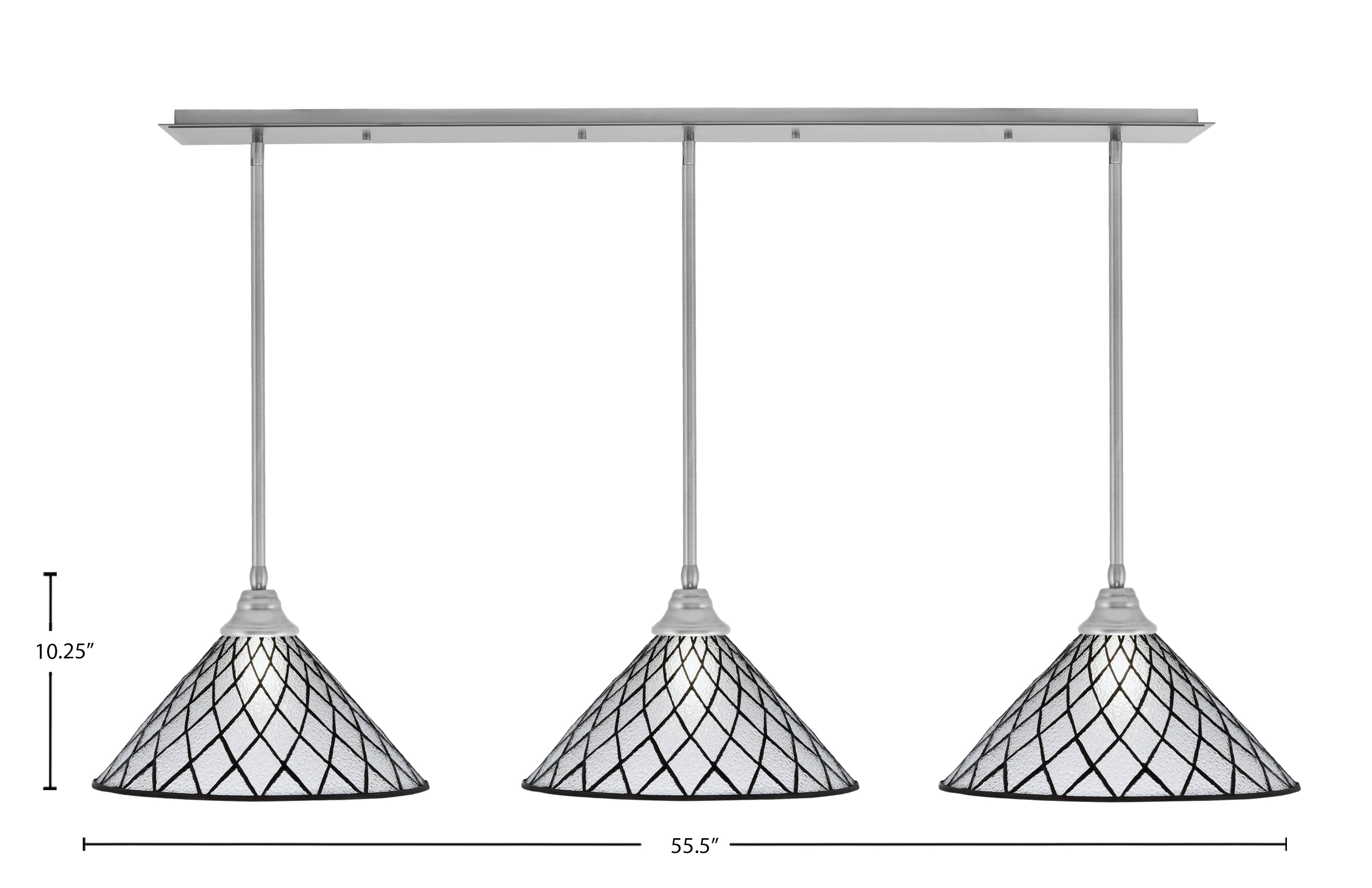 Stem Three Light Linear Pendalier in Brushed Nickel with Diamond Ice Art Glass Shade