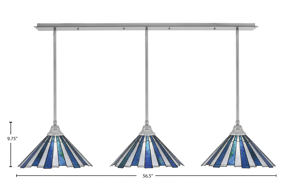 Stem Three Light Linear Pendalier in Brushed Nickel with Sea Ice Art Glass Shade