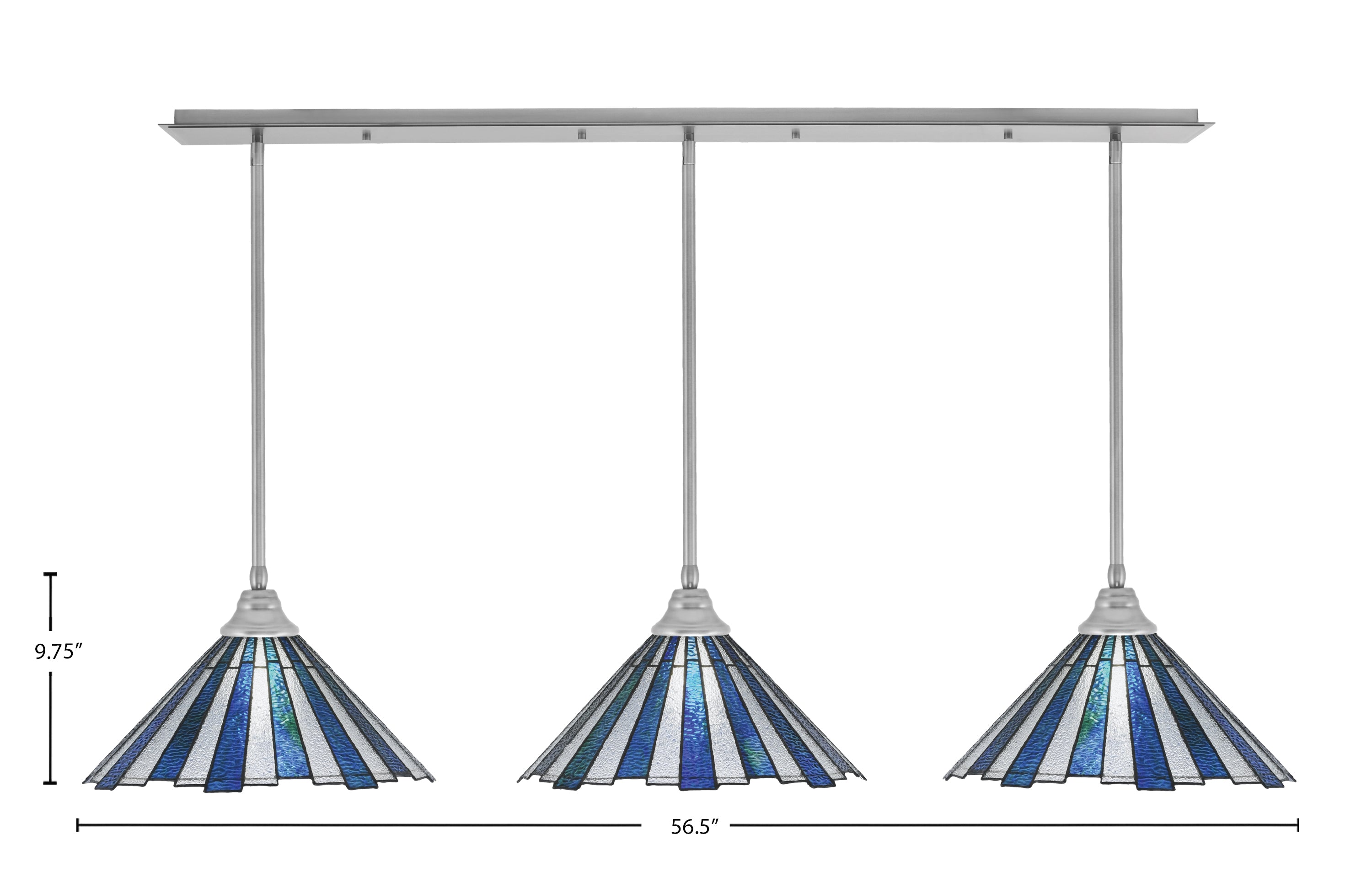 Stem Three Light Linear Pendalier in Brushed Nickel with Sea Ice Art Glass Shade