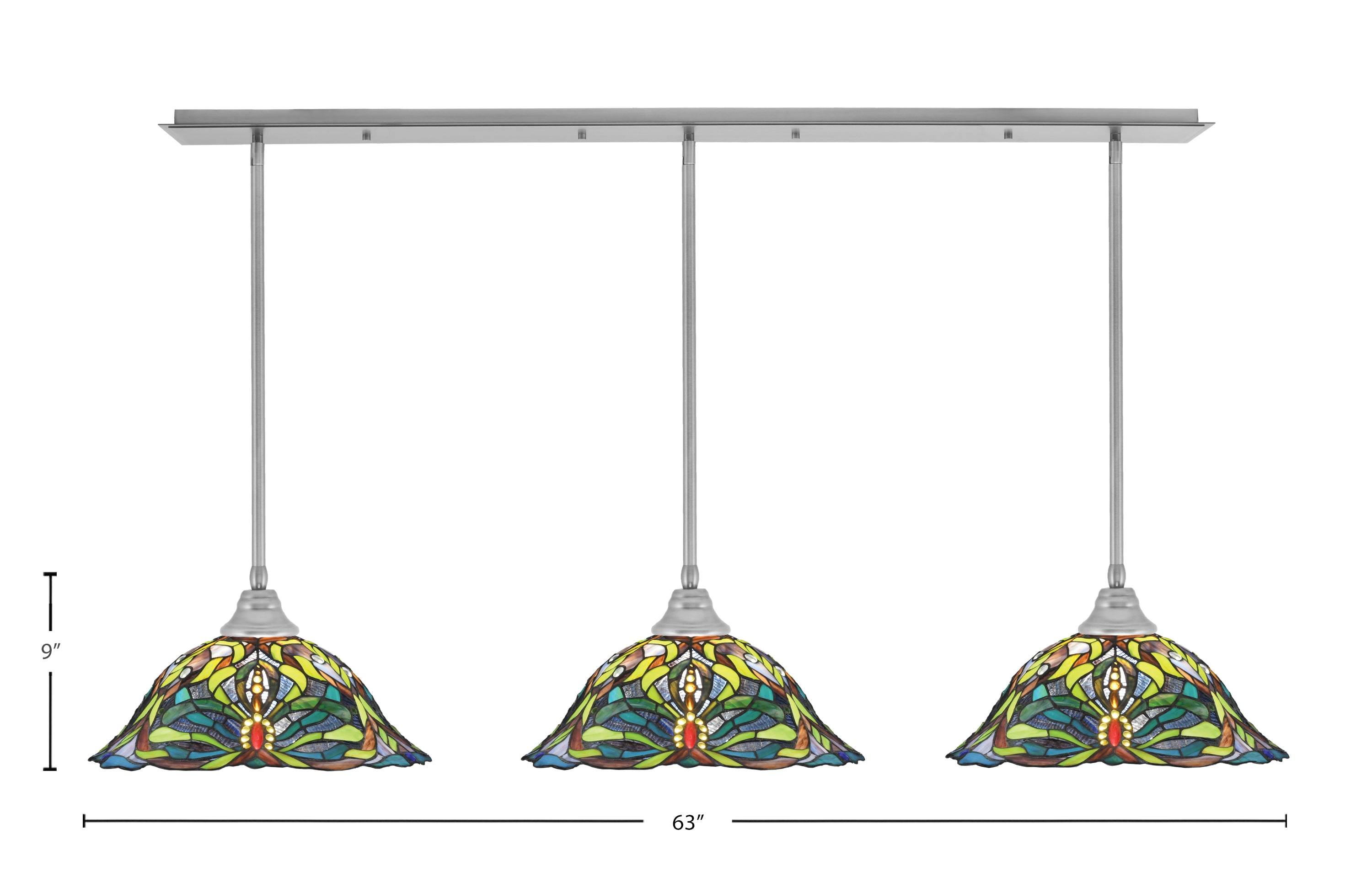 Any Three Light Multi Light Pendant in Brushed Nickel with 19" Kaleidoscope Art Glass Shade