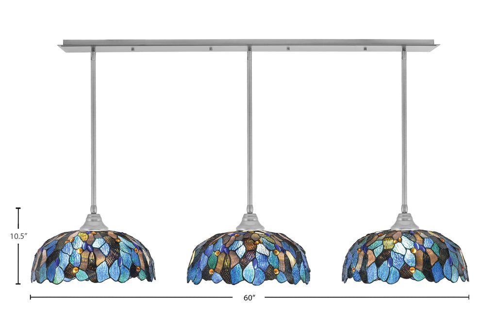 Any Three Light Multi Light Pendant in Brushed Nickel with 16" Blue Mosaic Art Glass Shade