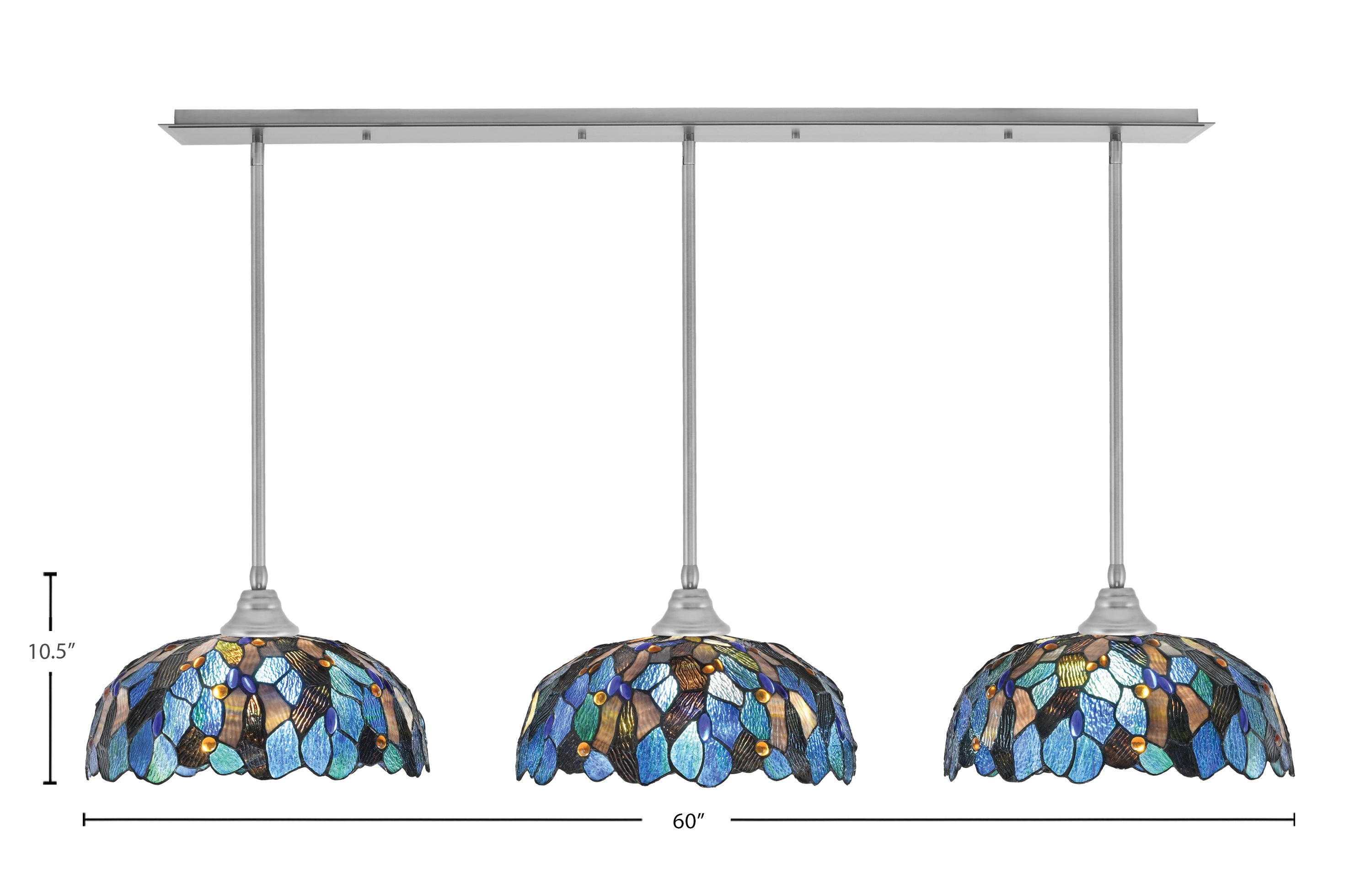 Any Three Light Multi Light Pendant in Brushed Nickel with 16" Blue Mosaic Art Glass Shade