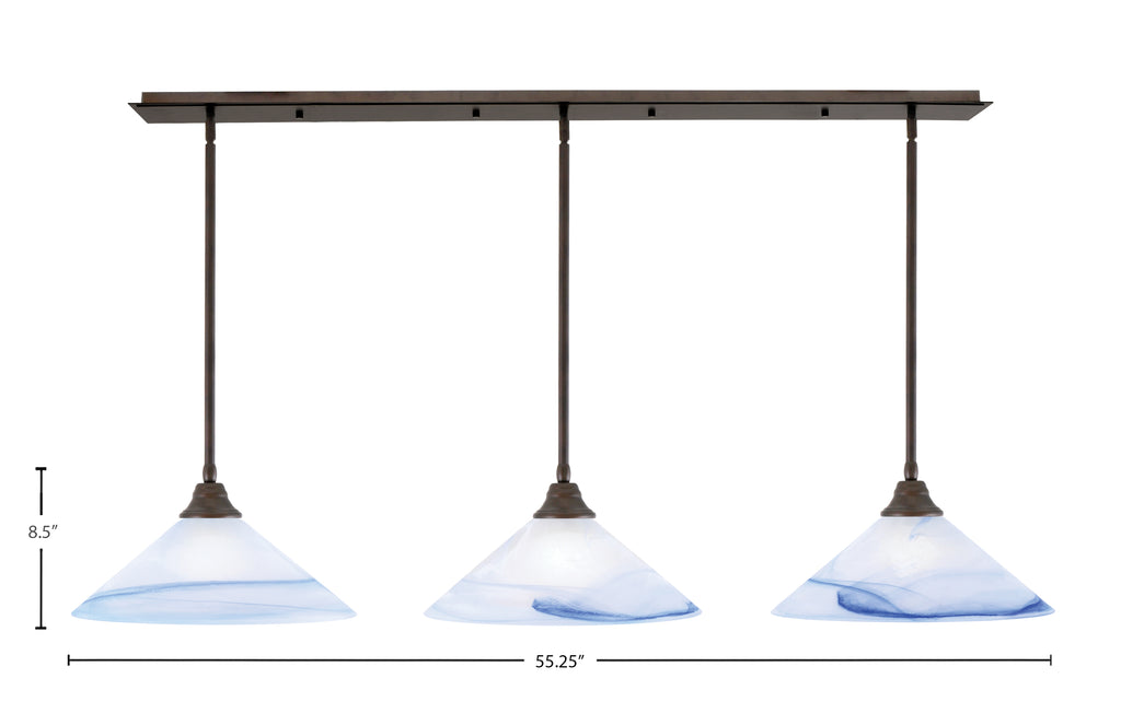 Stem Three Light Linear Pendalier in Bronze with Blue Swirl Shade