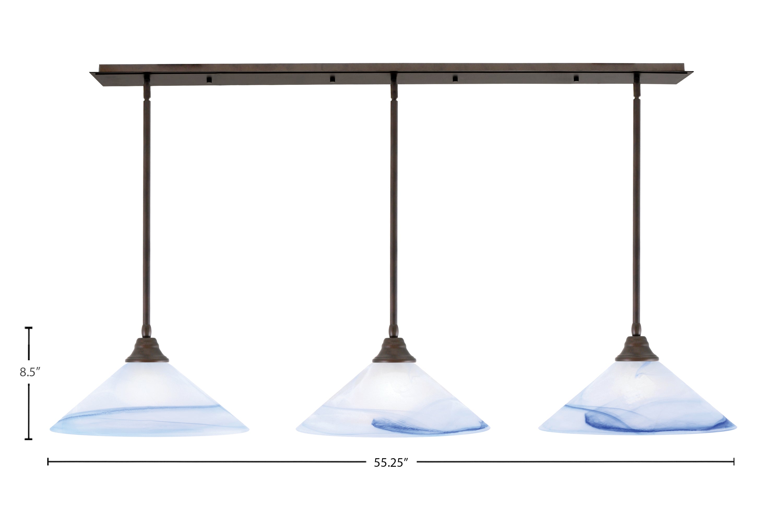 Stem Three Light Linear Pendalier in Bronze with Blue Swirl Shade