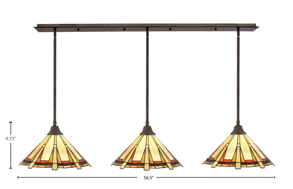 Stem Three Light Linear Pendalier in Bronze with Zion Art Glass Shade
