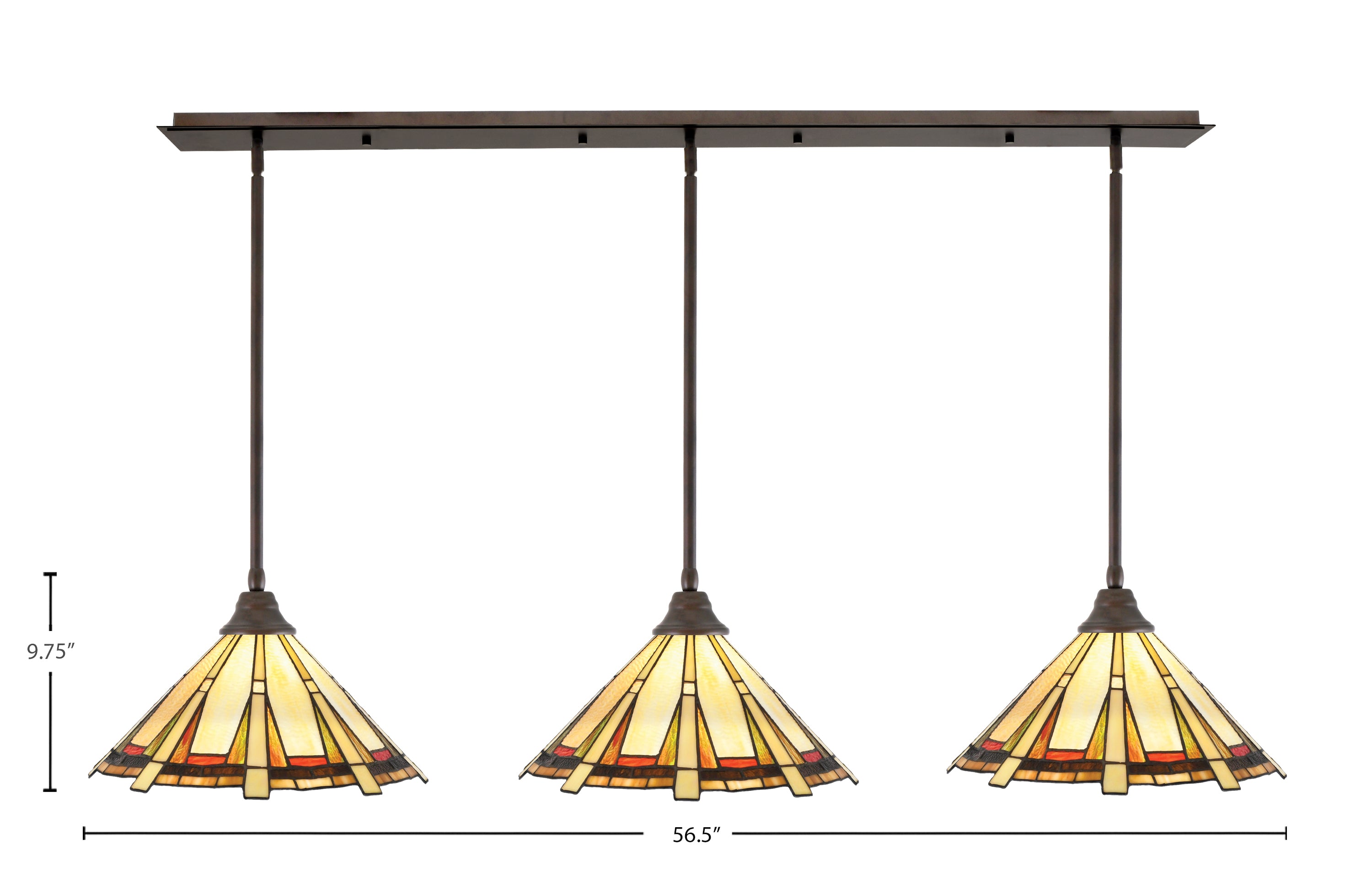 Stem Three Light Linear Pendalier in Bronze with Zion Art Glass Shade