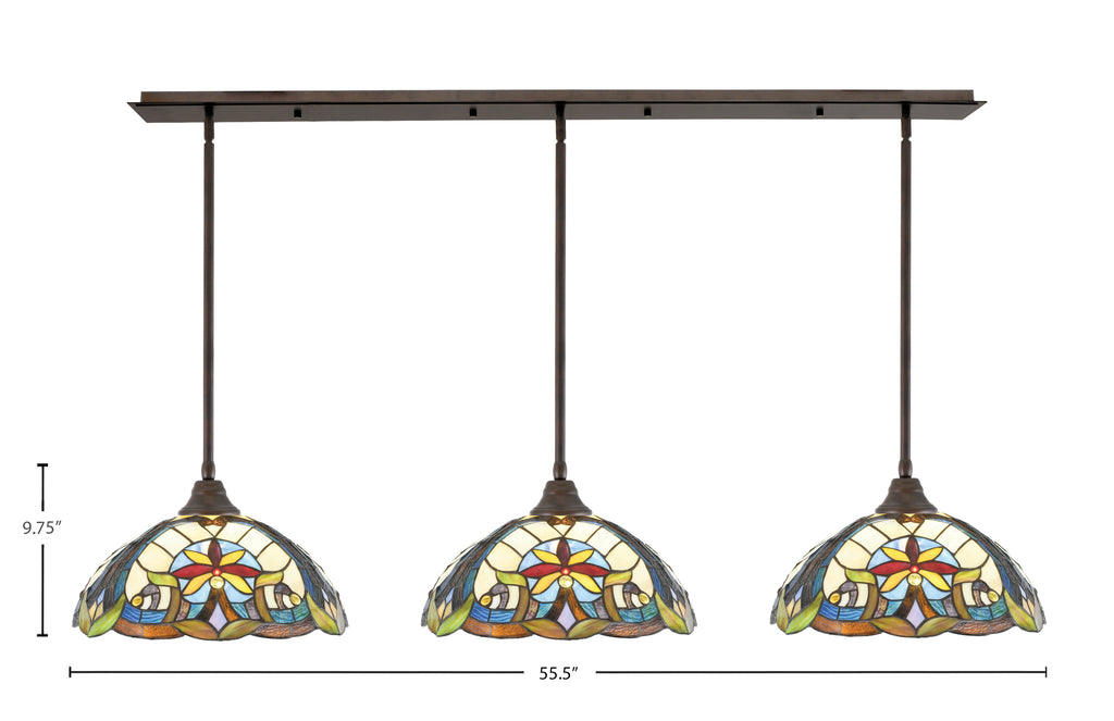 Stem Three Light Linear Pendalier in Bronze with Earth Star Art Glass Shade