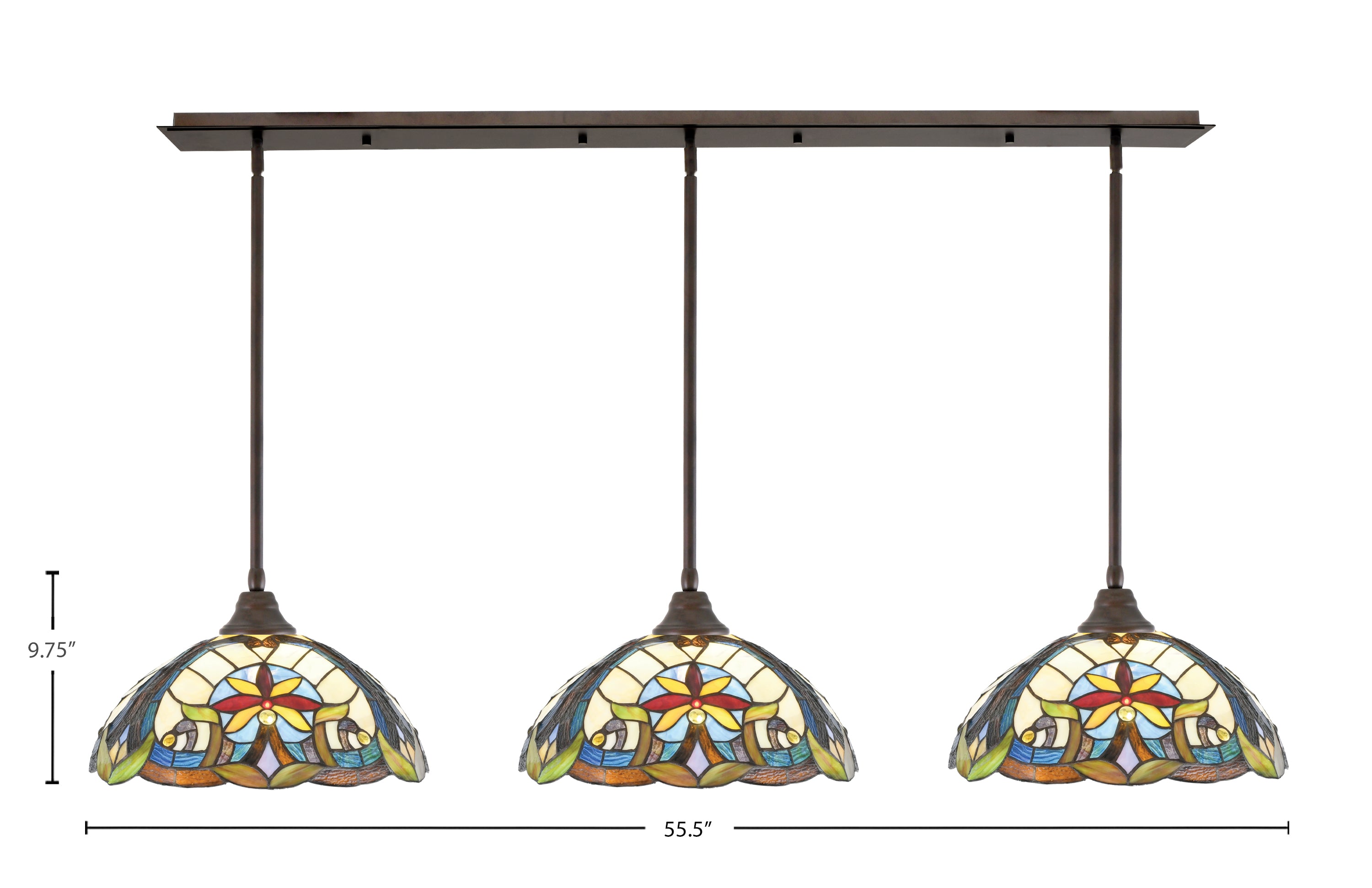 Stem Three Light Linear Pendalier in Bronze with Earth Star Art Glass Shade