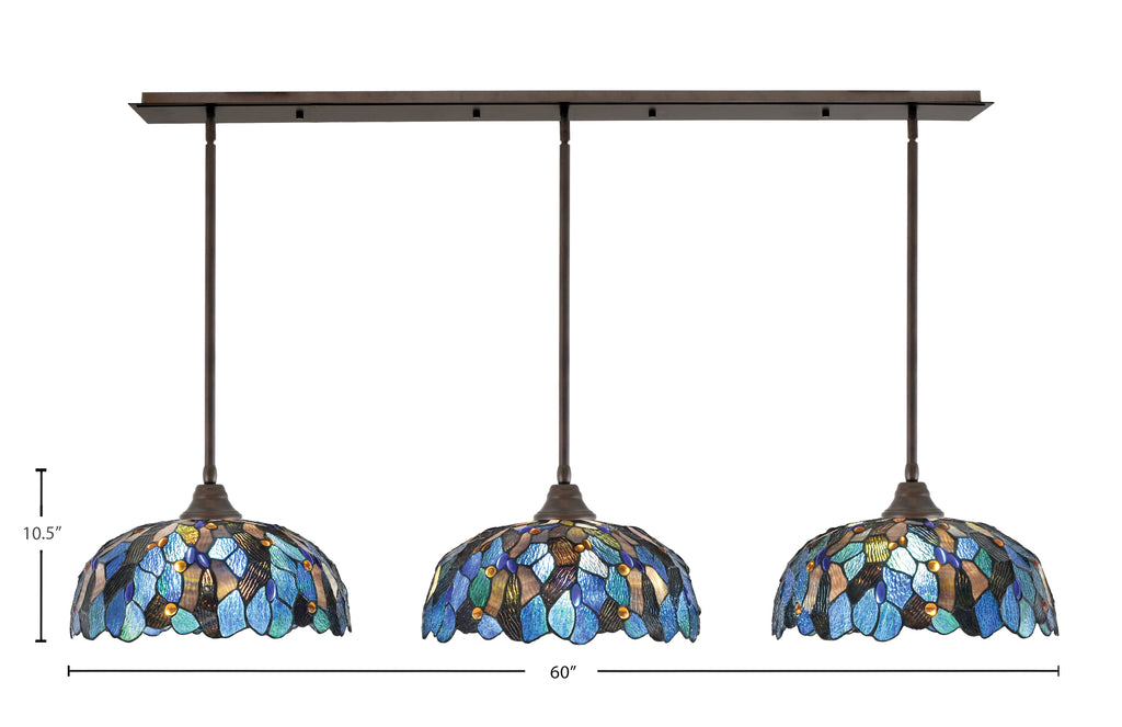 Any Three Light Multi Light Pendant in Bronze with 16" Blue Mosaic Art Glass Shade