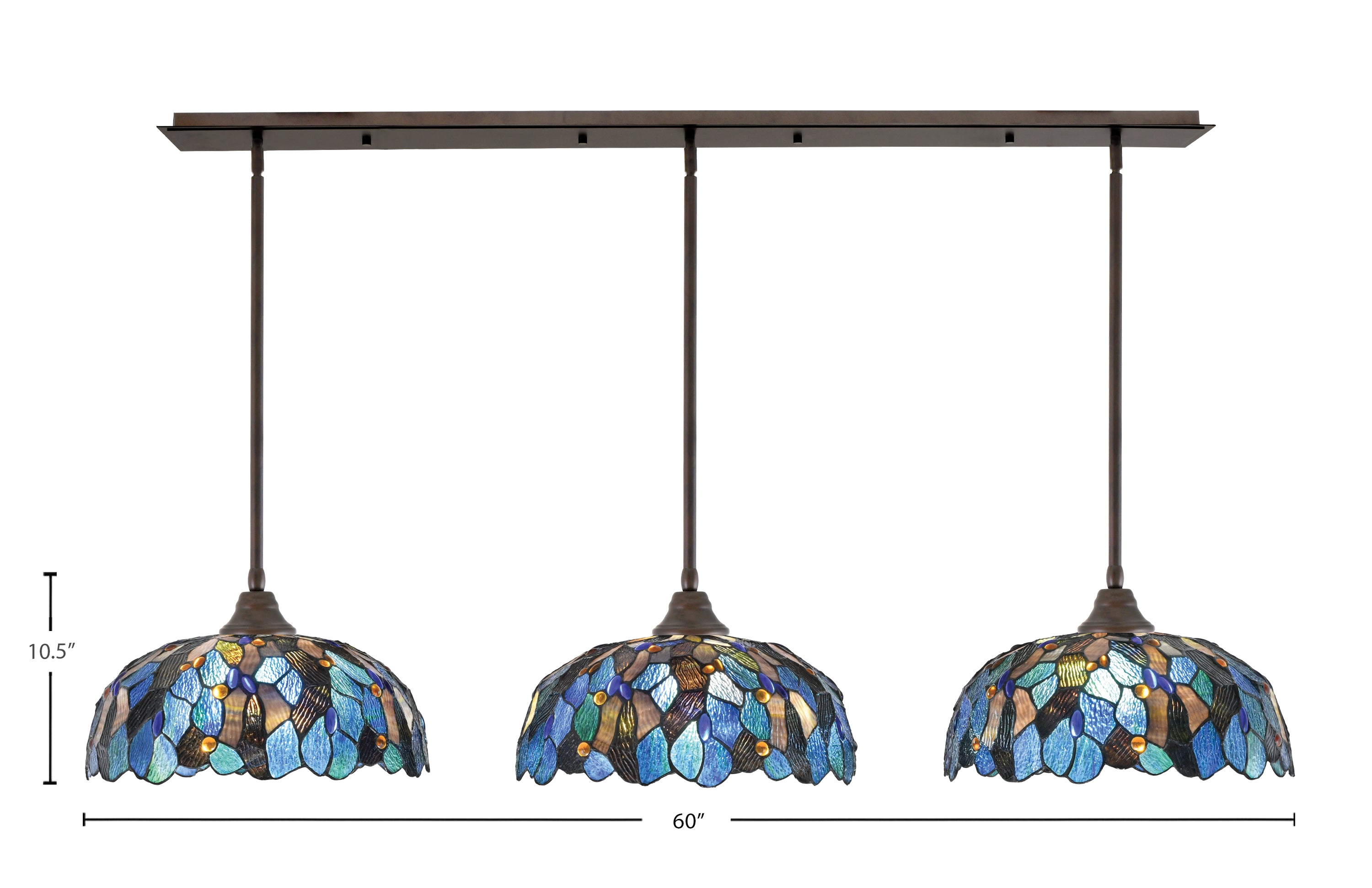 Any Three Light Multi Light Pendant in Bronze with 16" Blue Mosaic Art Glass Shade